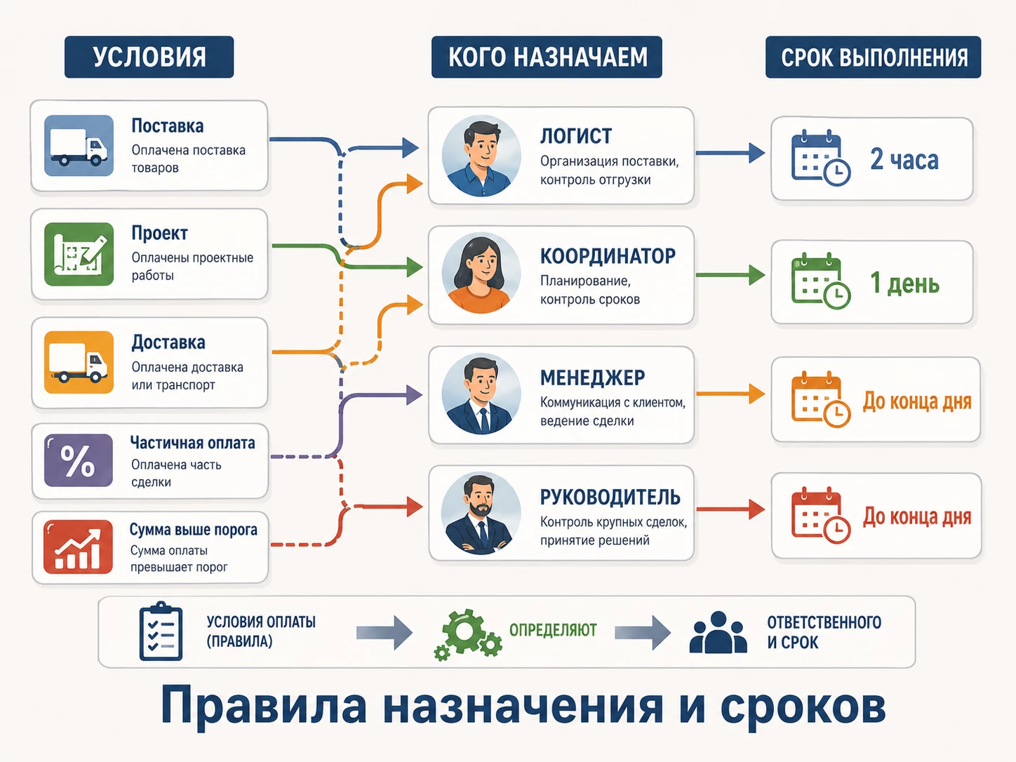 Цепочка оплата подтверждена задачи ответственные срок